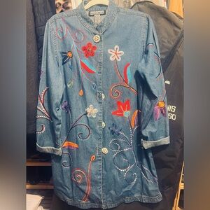Indigo Moon Embroidered Denim Jacket with Floral Accents in a Medium 100% cotton